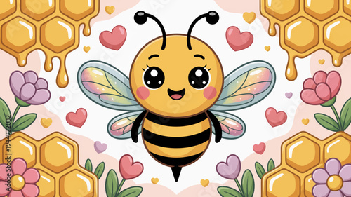 Happy cartoon bee with colorful wings flies amidst honeycombs flowers and hearts on soft pink background