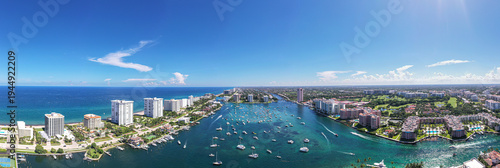Fotografie Lake Boca Raton Panoramic Aerial View Florida With Luxury Condos and Boats