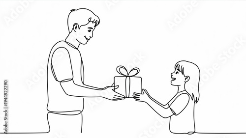 Man giving gift to smiling woman in simple line art style with present box and ribbon on white background