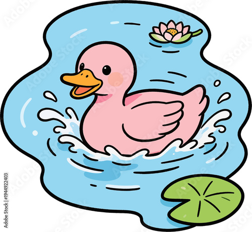 Cute Pink Duckling Swimming in Pond with Lily Pad and Lotus, Kawaii Cartoon Illustration