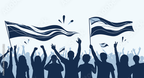 Silhouetted People Waving Flags in Celebration.