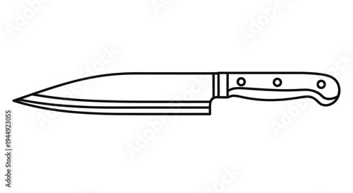 Simple black and white line drawing of a kitchen knife with a wooden handle