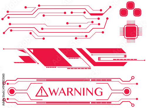 近未来SFインターフェース素材セット：サイバーパンクな警告UIと回路図