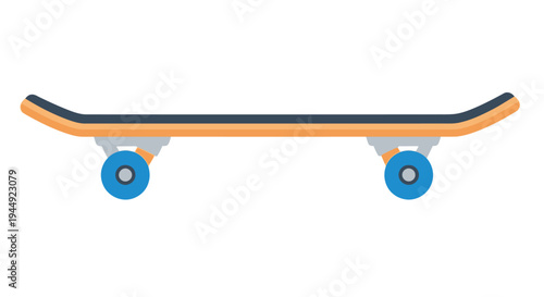 A flat colorful illustration of a skateboard with blue wheels and an orange deck