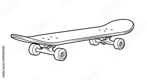 Simple line drawing of a skateboard viewed from a slightly angled perspective