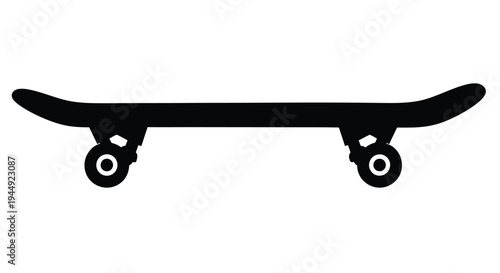 Simple black silhouette of a skateboard facing sideways on a white background
