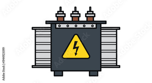 Illustration of a gray electrical transformer with a yellow warning symbol