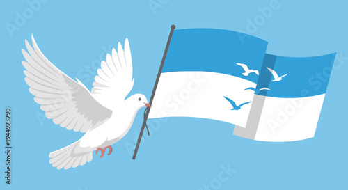 White Dove Flying with Blue White Flag.