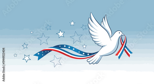 White Dove with American Ribbon Flying.