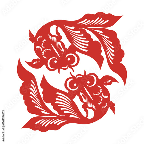  Chinese paper cut style Fuwa (lucky doll) wearing traditional clothing holding a fish, red folk art. Chinese paper cut style koi fish, elegant swimming carp with waves and lotus patterns