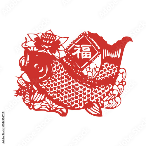  Chinese paper cut style Fuwa (lucky doll) wearing traditional clothing holding a fish, red folk art. Chinese paper cut style koi fish, elegant swimming carp with waves and lotus patterns