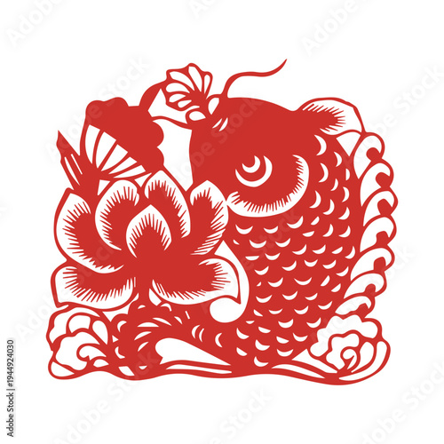  Chinese paper cut style Fuwa (lucky doll) wearing traditional clothing holding a fish, red folk art. Chinese paper cut style koi fish, elegant swimming carp with waves and lotus patterns