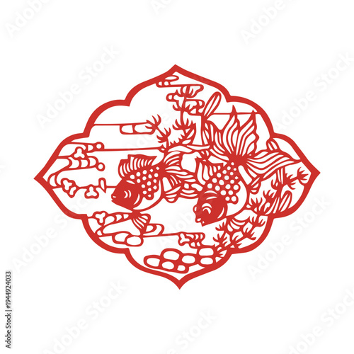  Chinese paper cut style Fuwa (lucky doll) wearing traditional clothing holding a fish, red folk art. Chinese paper cut style koi fish, elegant swimming carp with waves and lotus patterns