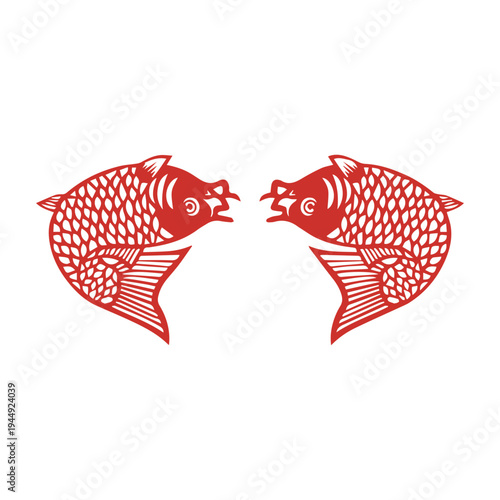  Chinese paper cut style Fuwa (lucky doll) wearing traditional clothing holding a fish, red folk art. Chinese paper cut style koi fish, elegant swimming carp with waves and lotus patterns