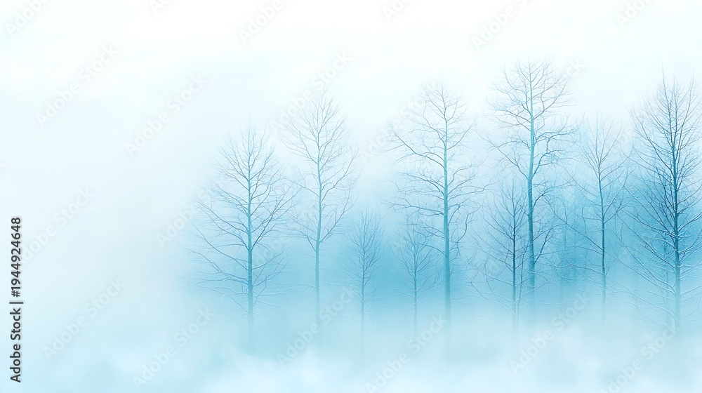 Obraz premium Ethereal Winter Landscape with Fog and Bare Trees in Soft Blue Hues for Tranquil Atmosphere