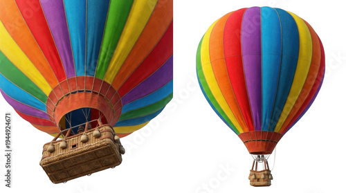 Colorful hot air balloons flying in clear sky with basket cargo