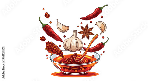 Spicy Chili Oil Sauce with Garlic and Spices Illustration
