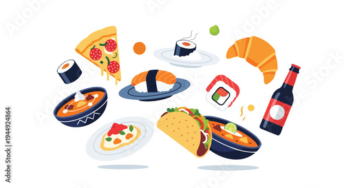 Assorted International Cuisine and Fast Food Illustration Set