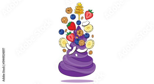 Acai Bowl with Fresh Berries Granola and Honey Drizzle Vector Illustration