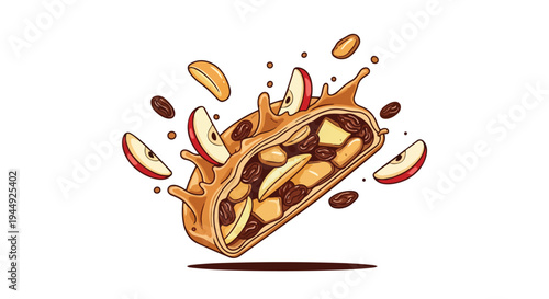 Fresh Apple Strudel with Raisins and Nuts Floating Illustration