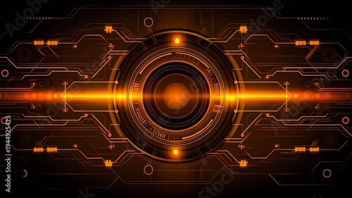 Futuristic glowing orange digital interface with abstract technology circuit design and laser beam