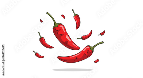 Cartoon Illustration of Flying Red Chili Peppers on White Background