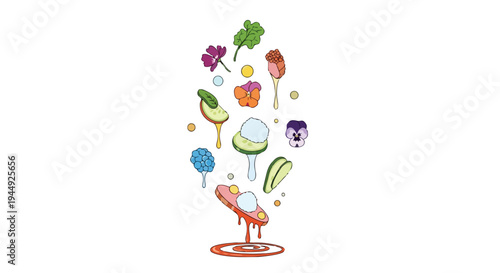 Abstract Culinary Composition with Floating Ingredients and Edible Flowers