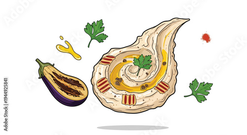 Hand Drawn Illustration of Baba Ganoush with Eggplant and Parsley