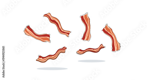 Floating Crispy Bacon Strips Isolated on White Background