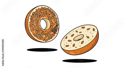 Hand Drawn Illustration of Two Multigrain Bagels with Seeds