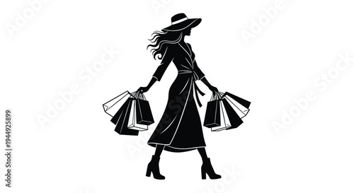 Black silhouette of woman with shopping bags vector