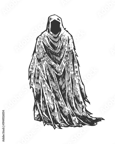 Grim reaper vector illustration. Hand drawn sketch. Engraving style.
