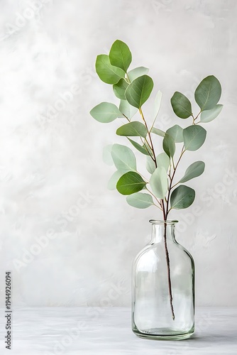 Fresh Eucalyptus Branch in Clear Glass Bottle on Minimalist Background for Home Decor