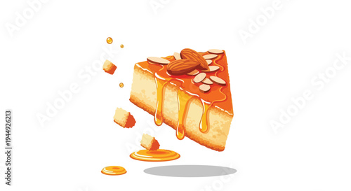Slice of Cheesecake with Almonds and Honey Drizzle Illustration