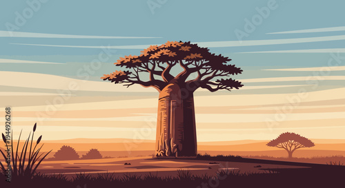 Baobab Tree in African Savanna Landscape.
