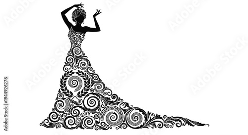 Black and white vector illustration of a dancing woman in a long patterned dress