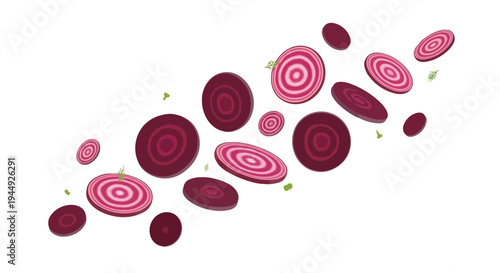 Falling Sliced Beetroot Vegetable Pieces Isolated on White Background