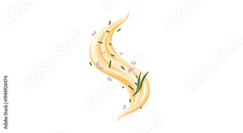 Creamy pasta swirl with fresh herbs and red onion garnish on white background