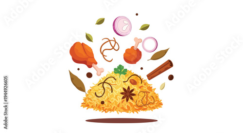 Delicious Chicken Biryani with Spices and Ingredients Illustration