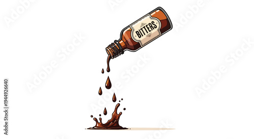 Illustration of Bitters Bottle Pouring Drops with Splash