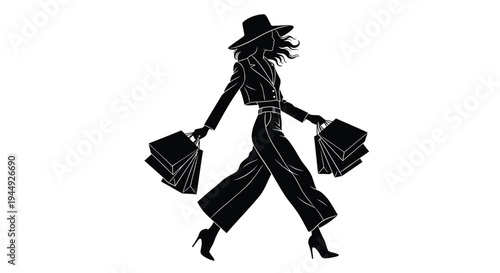Vector illustration of woman walking with shopping bags
