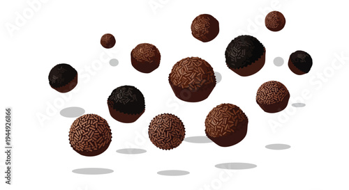 Floating Chocolate Truffles with Sprinkles on White Background