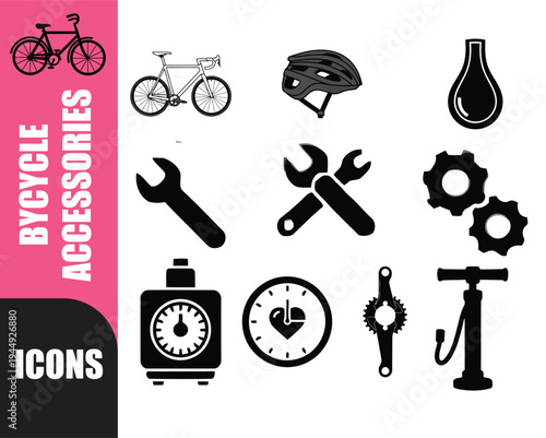 Bicycle accessories and repair tools black icon vector set