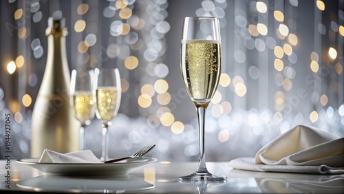 A sparkling glass of Prosecco in a modern dining setting, with the clear liquid reflecting the surrounding white tablecloth and chrome utensils The b