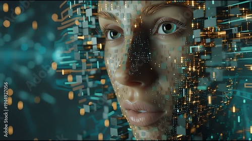 Futuristic digital human face with glowing data blocks and technology elements in abstract cyber background
