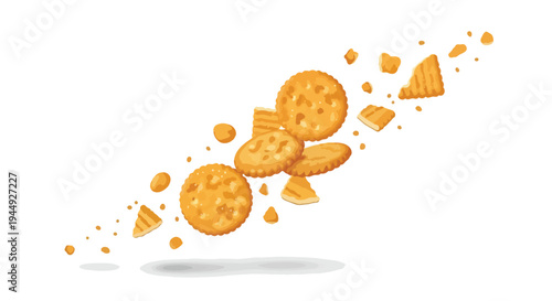 Flying Round Crackers and Crumbled Pieces Isolated on White Background