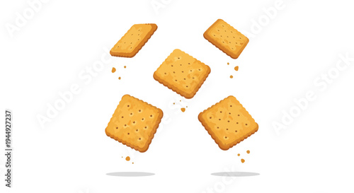 Flying Square Crackers with Crumbs Isolated on White Background