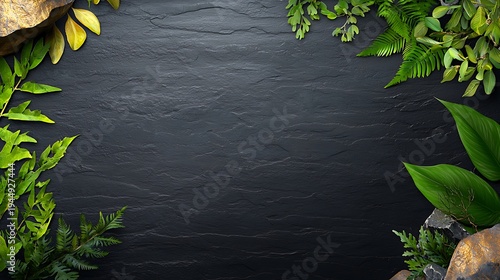 Lush Greenery and Natural Rocks Creating Vibrant Frame on Dark Textured Surface