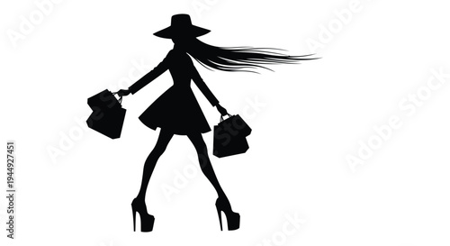 Silhouette of woman in dress and hat holding shopping bags vector