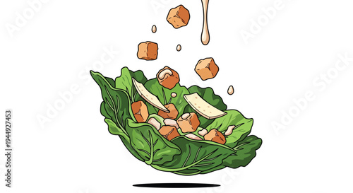 Fresh Caesar Salad with Croutons and Dressing Falling into Lettuce Leaves Illustration